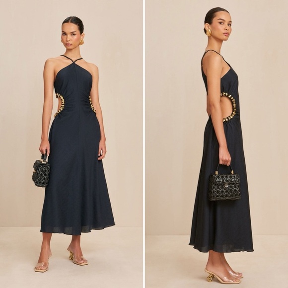 Cult Gaia Black Silvia Gold Embellished Faille Cut-Out Midi-Dress - 10 - Picture 1 of 7